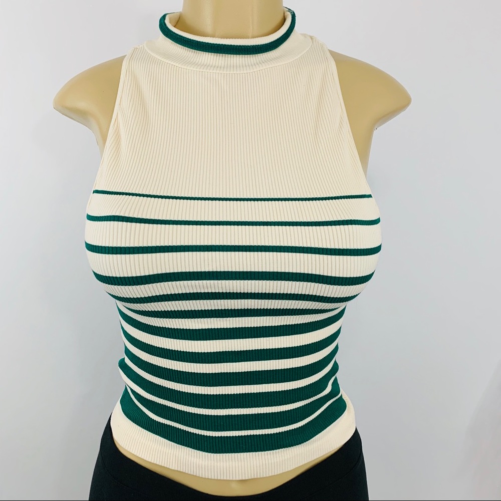 Free People Ivory Green Striped Ribbed Tank Size M